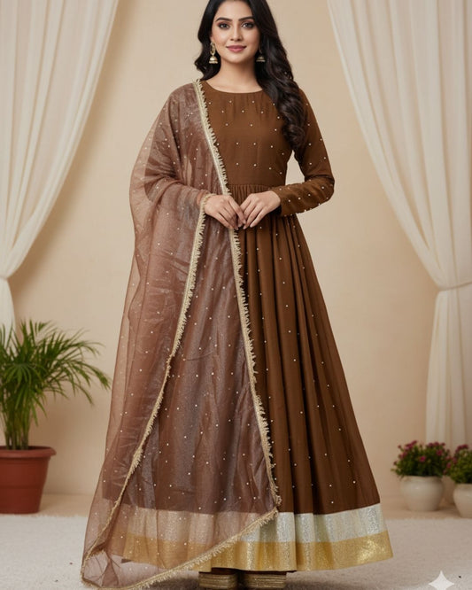 Brown Georgette Gown Suit Set With Dupatta