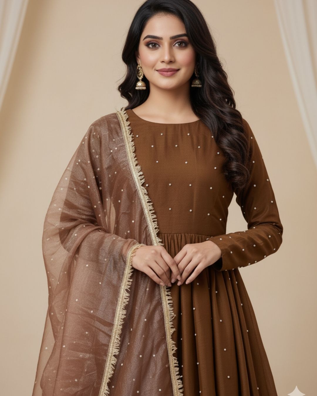 Brown Georgette Gown Suit Set With Dupatta