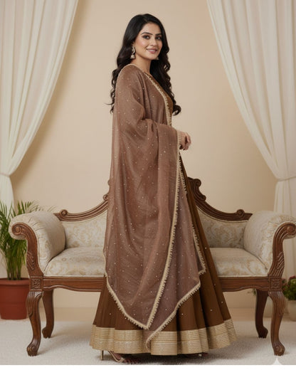 Brown Georgette Gown Suit Set With Dupatta