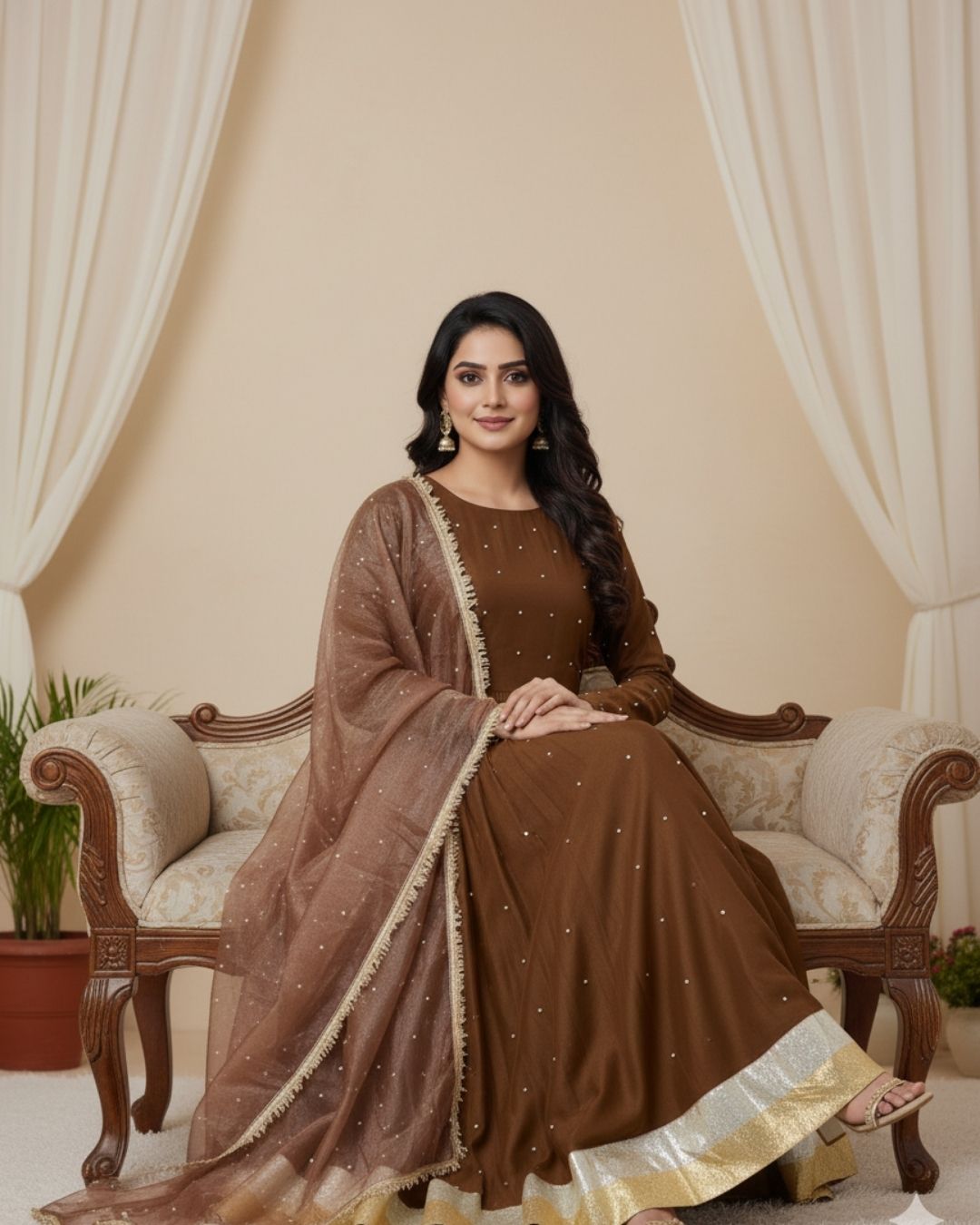 Brown Georgette Gown Suit Set With Dupatta