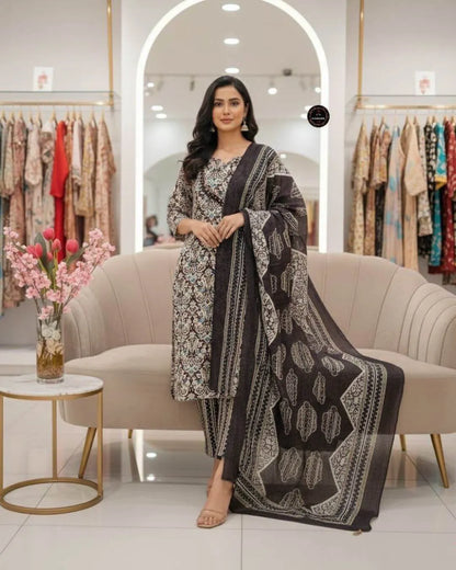 Black Floral Printed Cotton Kurta Set with Mal Dupatta