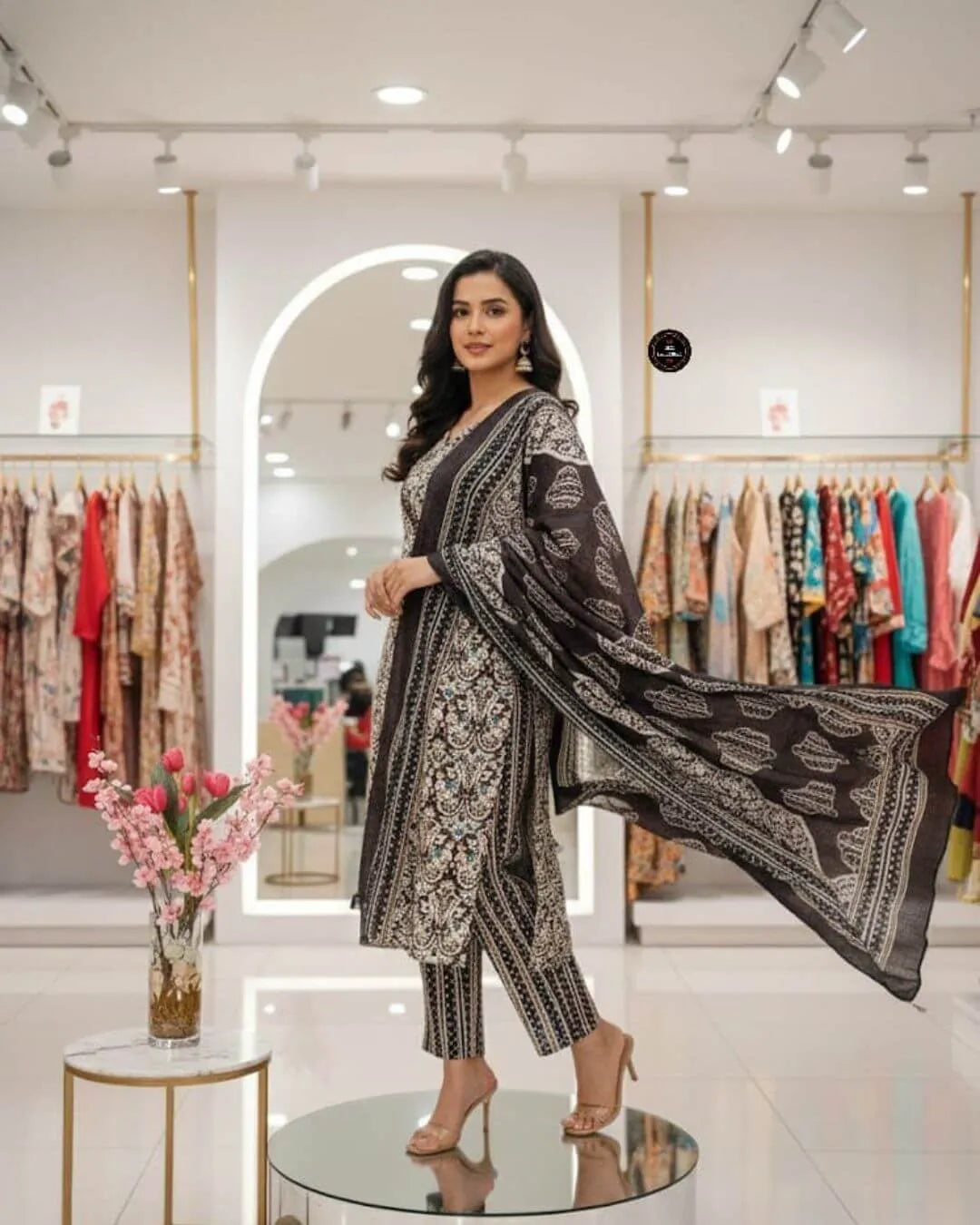 Black Floral Printed Cotton Kurta Set with Mal Dupatta