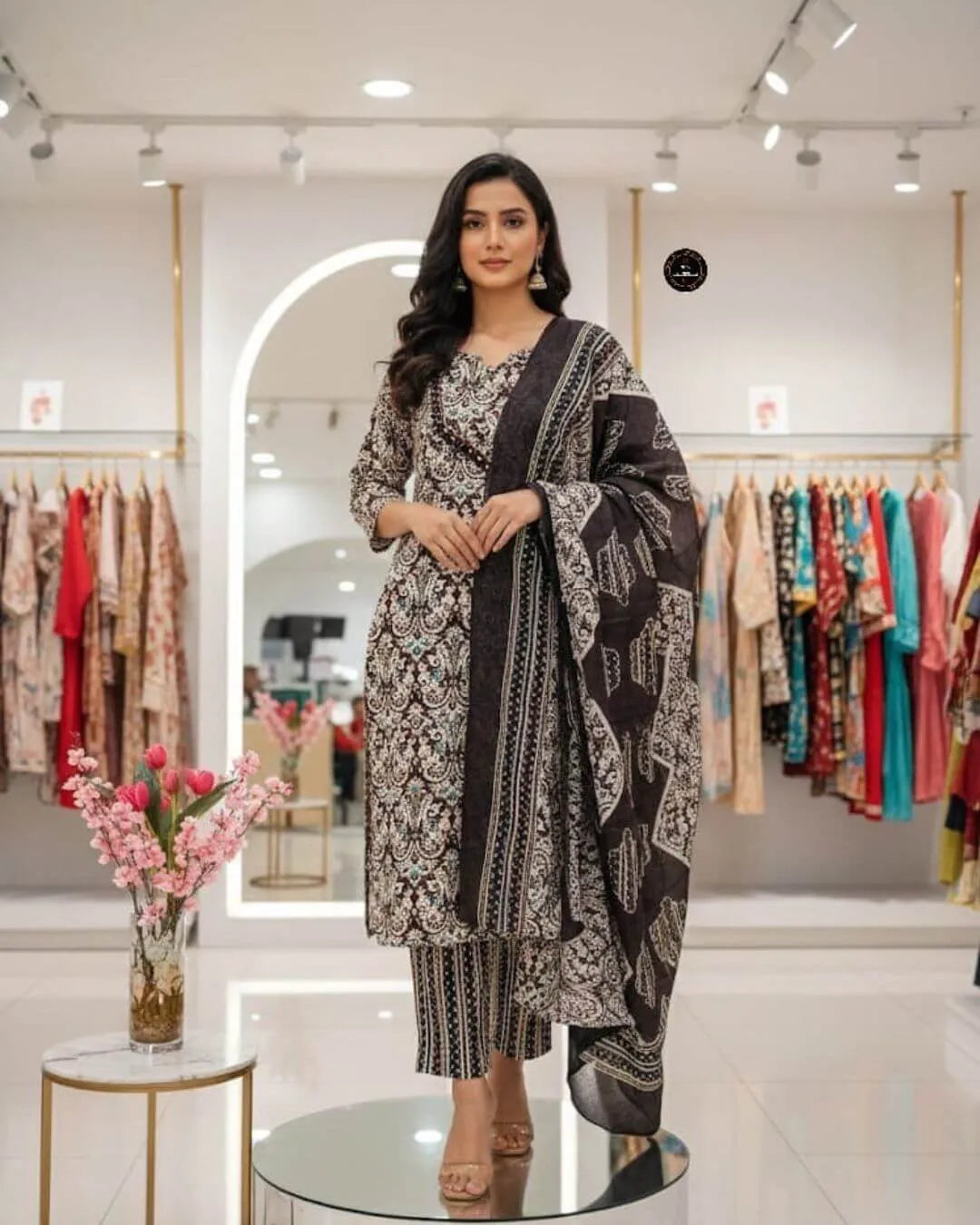 Black Floral Printed Cotton Kurta Set with Mal Dupatta