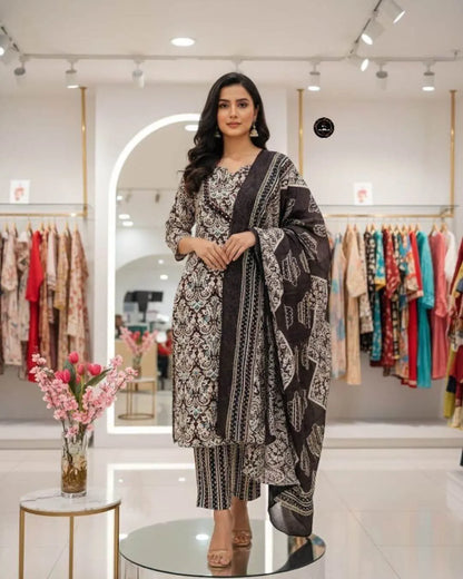 Black Floral Printed Cotton Kurta Set with Mal Dupatta
