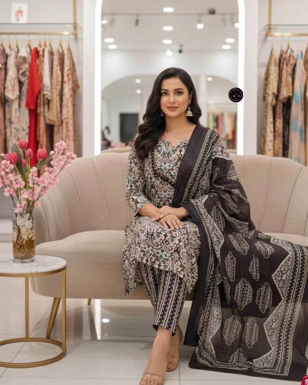 Black Floral Printed Cotton Kurta Set with Mal Dupatta