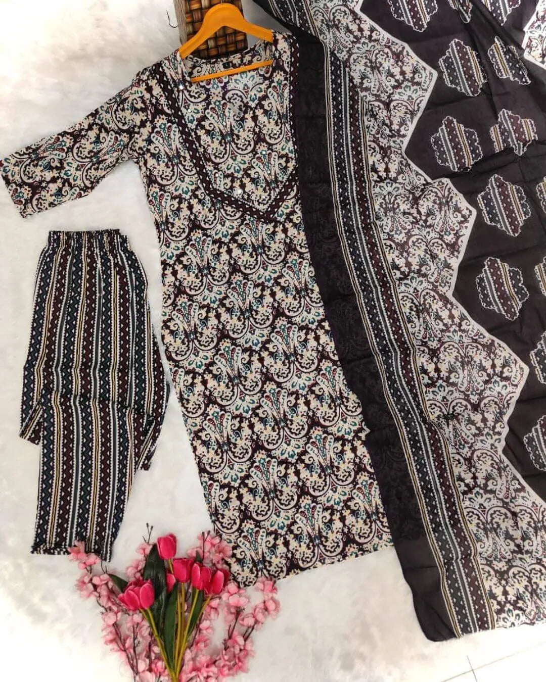 Black Floral Printed Cotton Kurta Set with Mal Dupatta