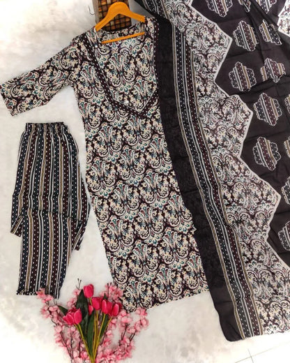 Black Floral Printed Cotton Kurta Set with Mal Dupatta