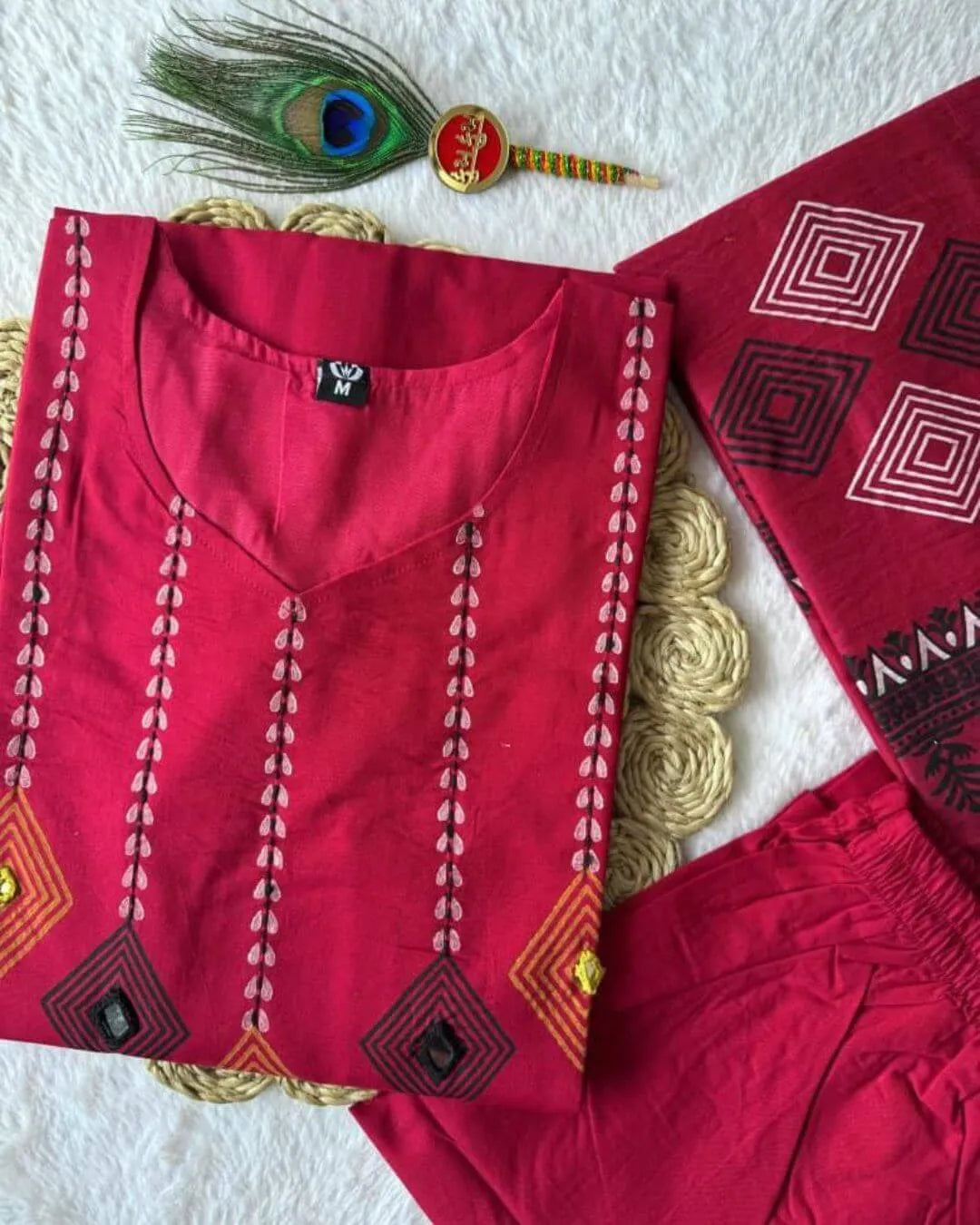 Hand Work Red Cotton Salwar Suit Set