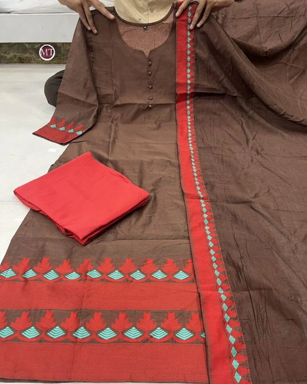 cotton brown kurti with dupatta suit set