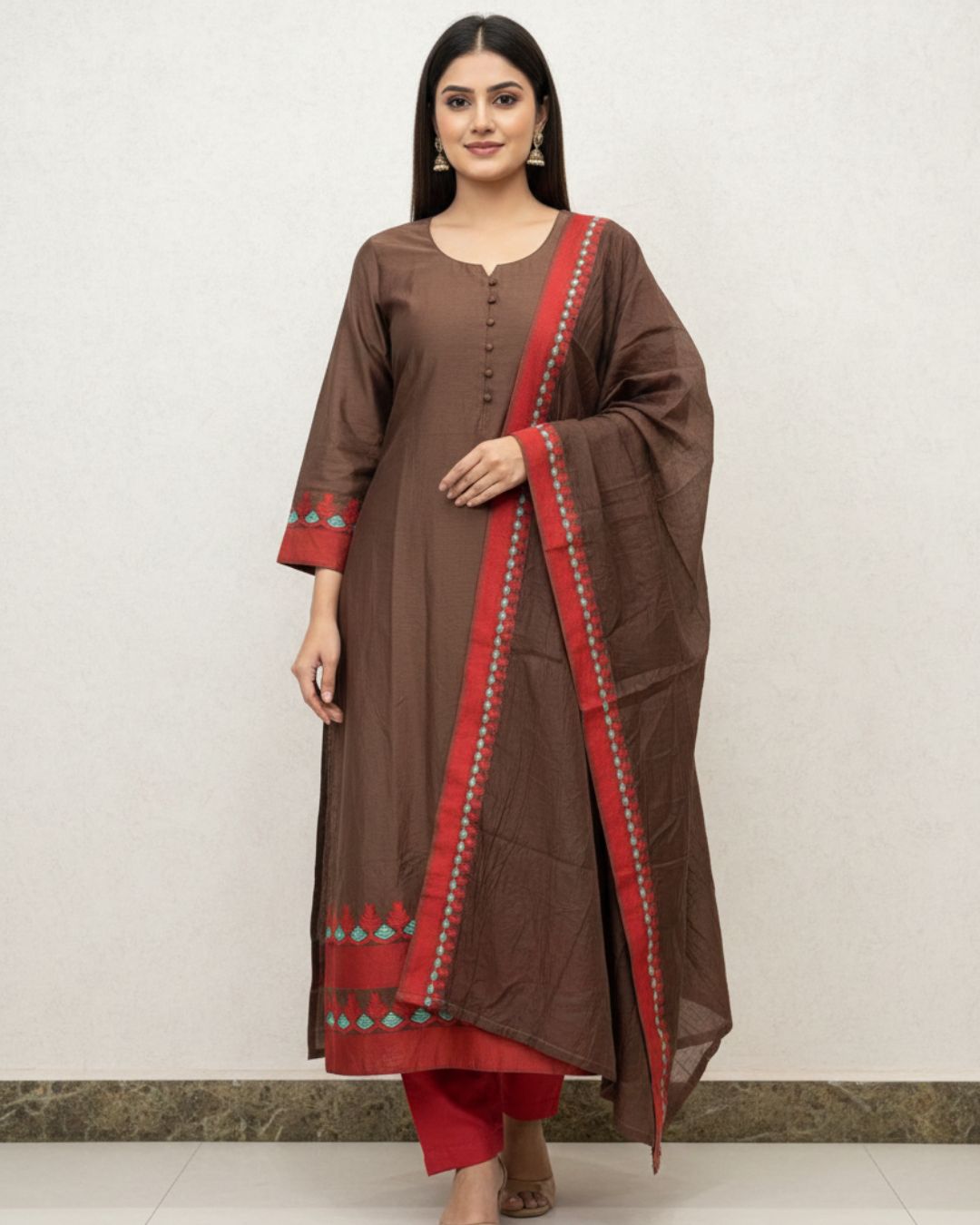 cotton brown kurti with dupatta suit set
