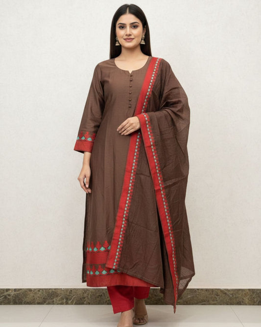 cotton brown kurti with dupatta suit set
