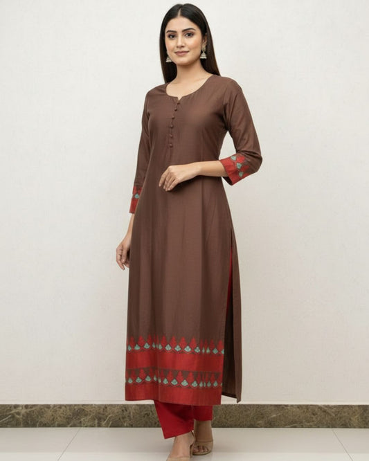 cotton brown kurti with dupatta suit set
