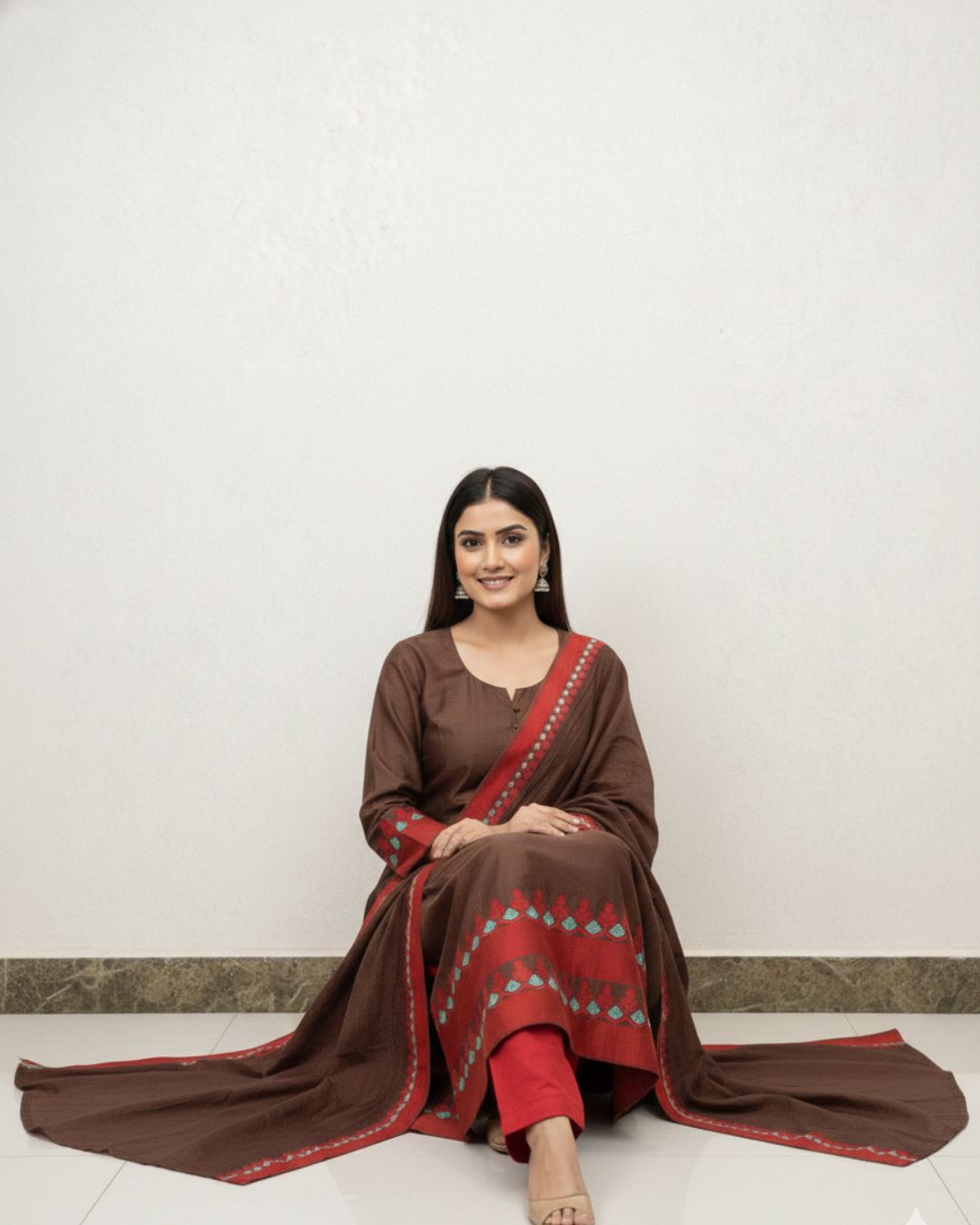 cotton brown kurti with dupatta suit set