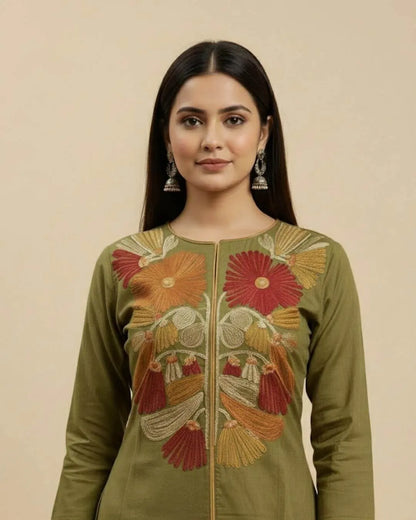 Woman wearing a Floral Printed Green Cotton Suit Set traditional outfit with floral patterns on a beige background