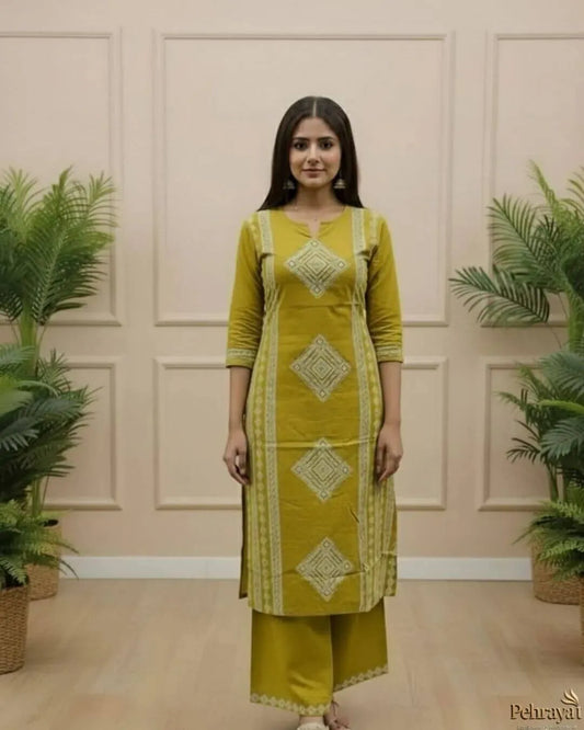 Cotton Mustard Colour Suit Set With Dupatta