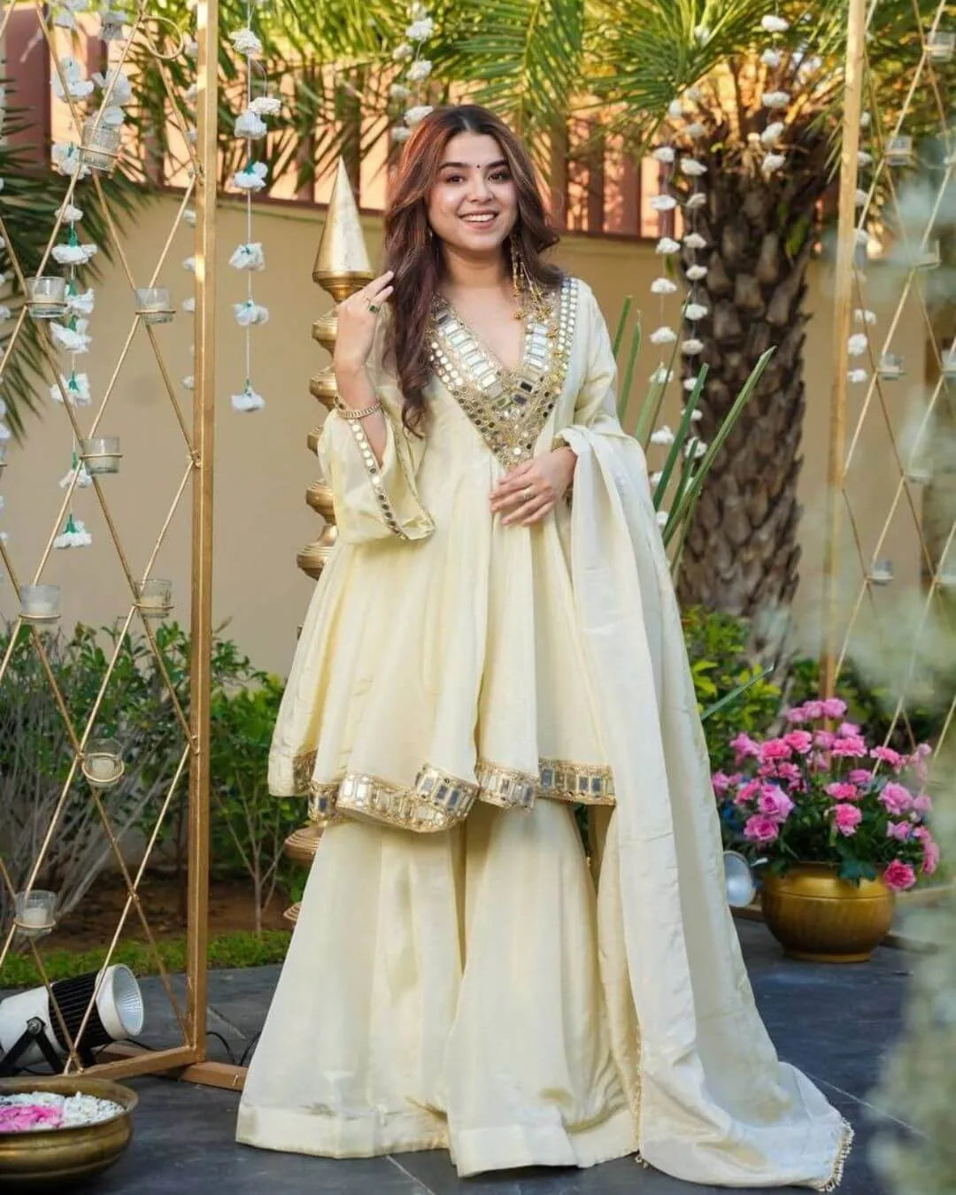 Cream Mirror Work Kurti Palazzo Set with Dupatta