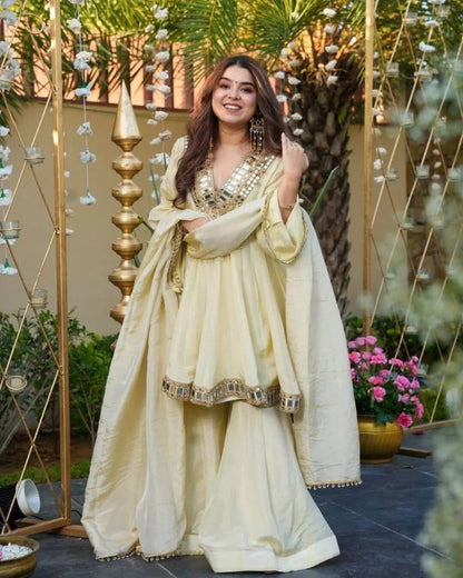 Cream Mirror Work Kurti Palazzo Set with Dupatta