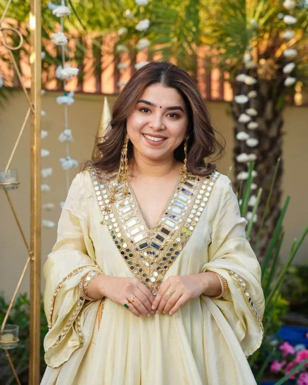 Cream Mirror Work Kurti Palazzo Set with Dupatta