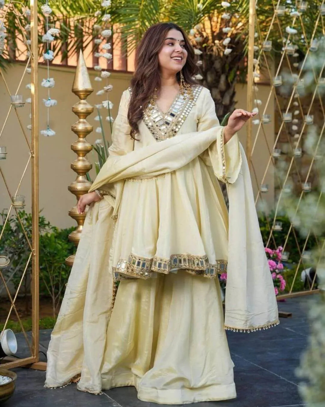 Cream Mirror Work Kurti Palazzo Set with Dupatta