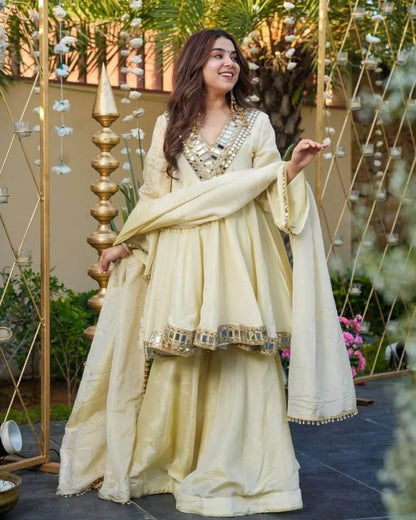 Cream Mirror Work Kurti Palazzo Set with Dupatta