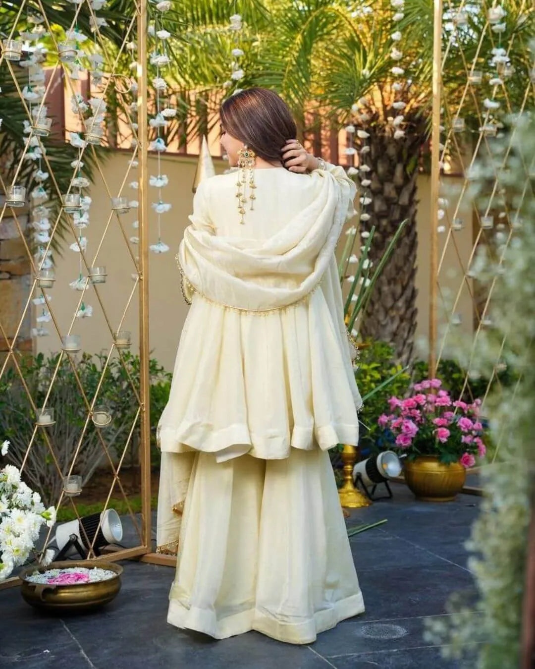 Cream Mirror Work Kurti Palazzo Set with Dupatta