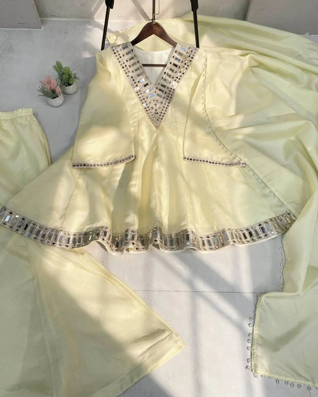 Cream Mirror Work Kurti Palazzo Set with Dupatta