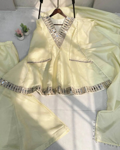 Cream Mirror Work Kurti Palazzo Set with Dupatta