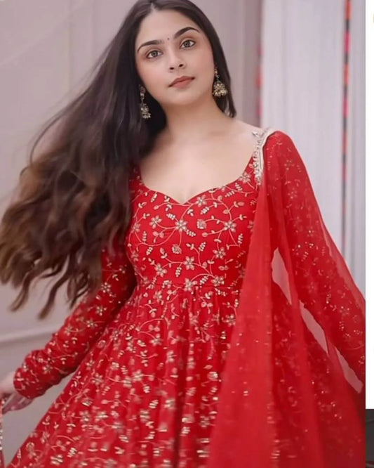 Red Anarkali Gown Party Wear Set