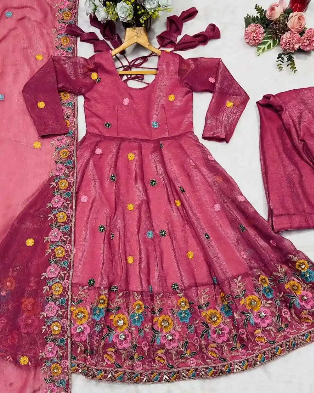 Pink Embroidered Anarkali Style Sharara Suit Set