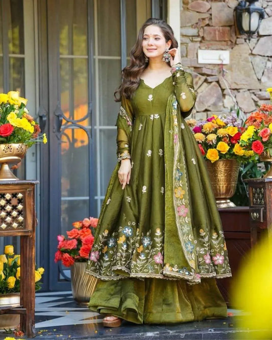 Green Silk Anarkali Sharara Suit Set 