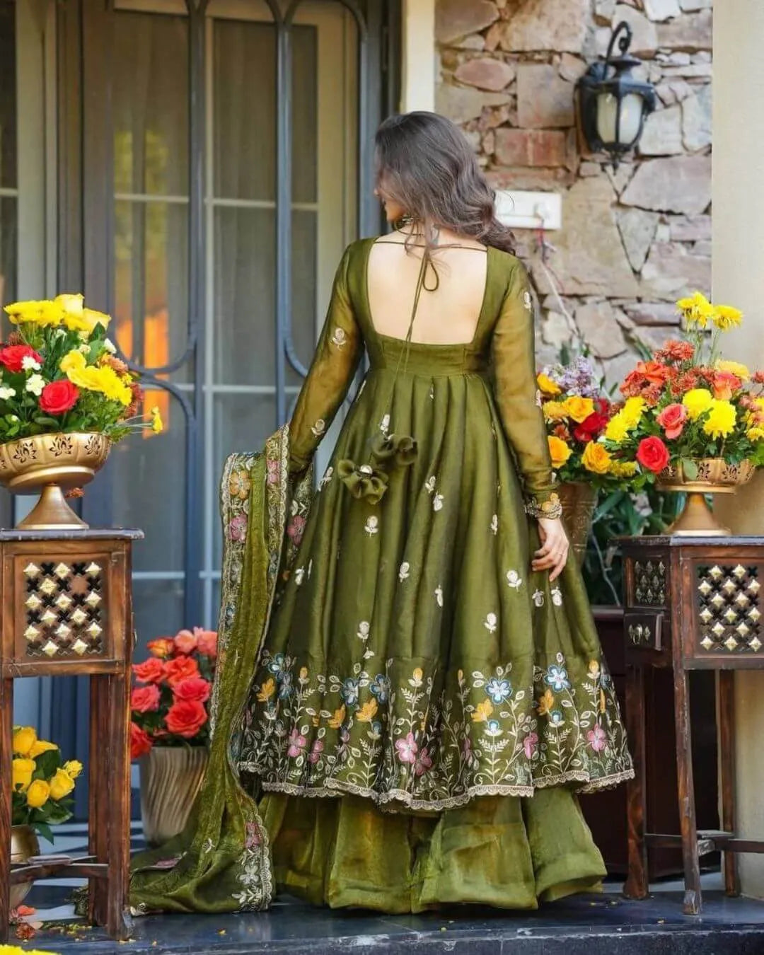 Green Silk Anarkali Sharara Suit Set 