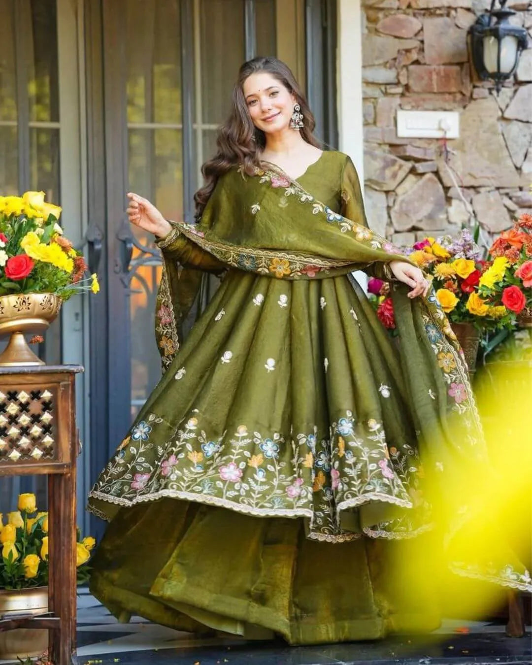 Green Silk Anarkali Sharara Suit Set 