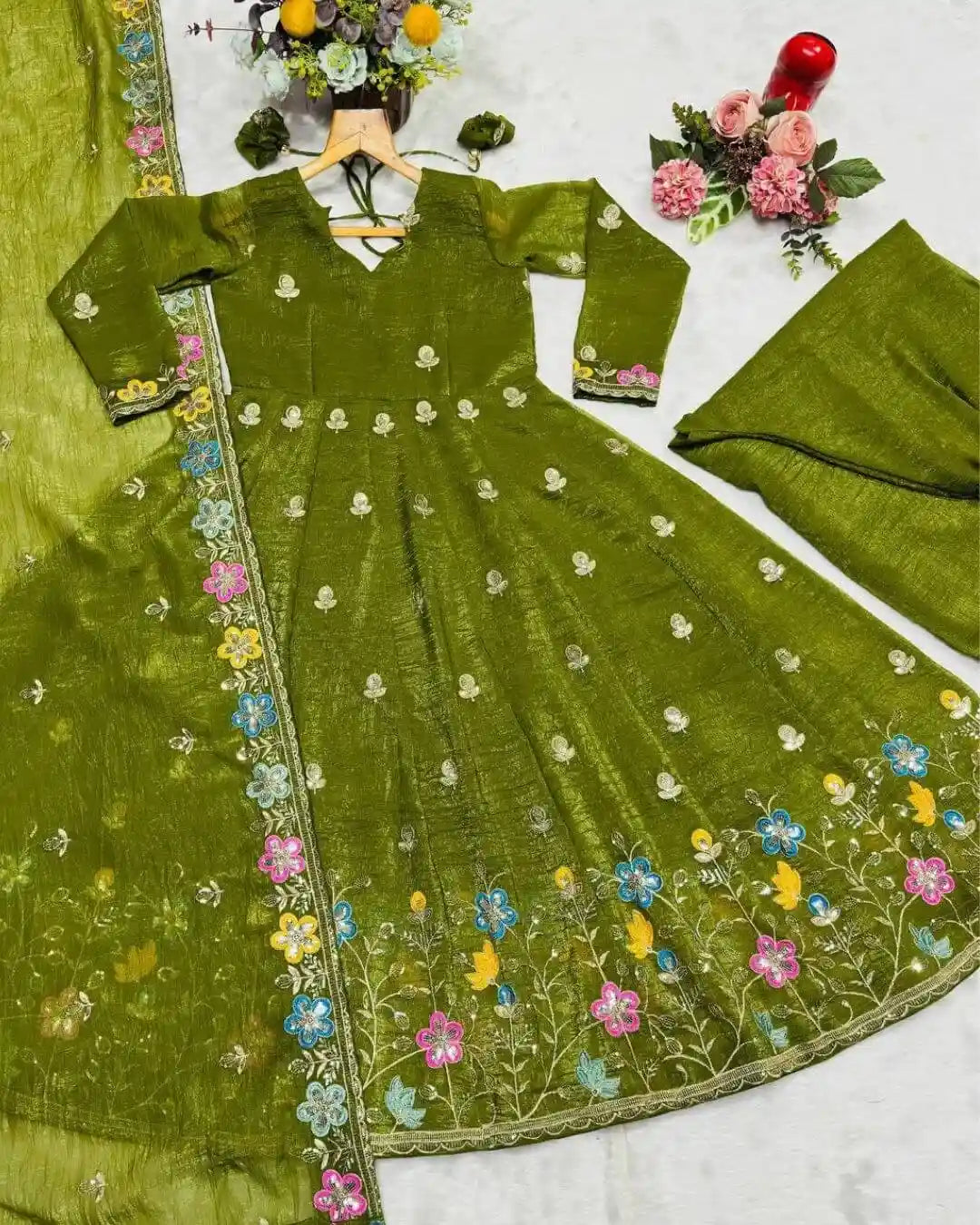 Green Silk Anarkali Sharara Suit Set 