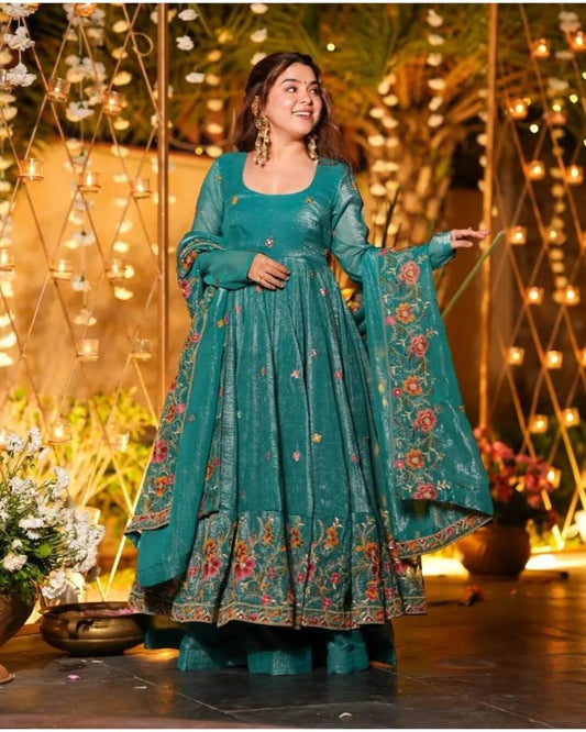 Green Embroidered Anarkali Style Sharara Suit Set