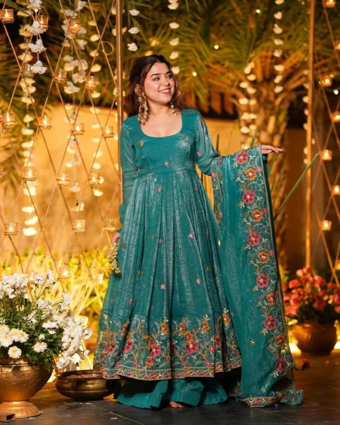 Green Embroidered Anarkali Style Sharara Suit Set