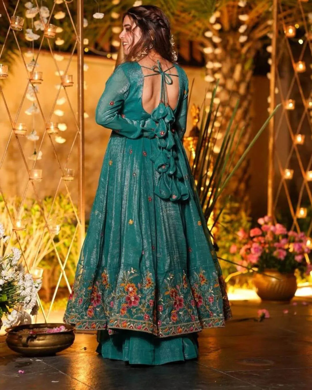 Green Embroidered Anarkali Style Sharara Suit Set