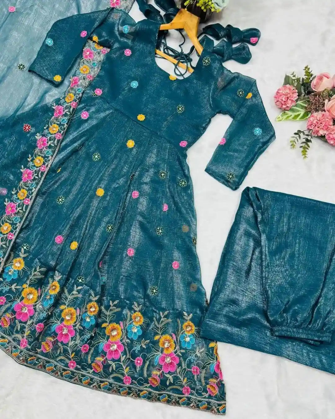 Green Embroidered Anarkali Style Sharara Suit Set