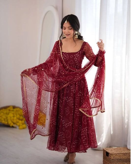 Deep Maroon Bandhani Anarkali Suit Set
