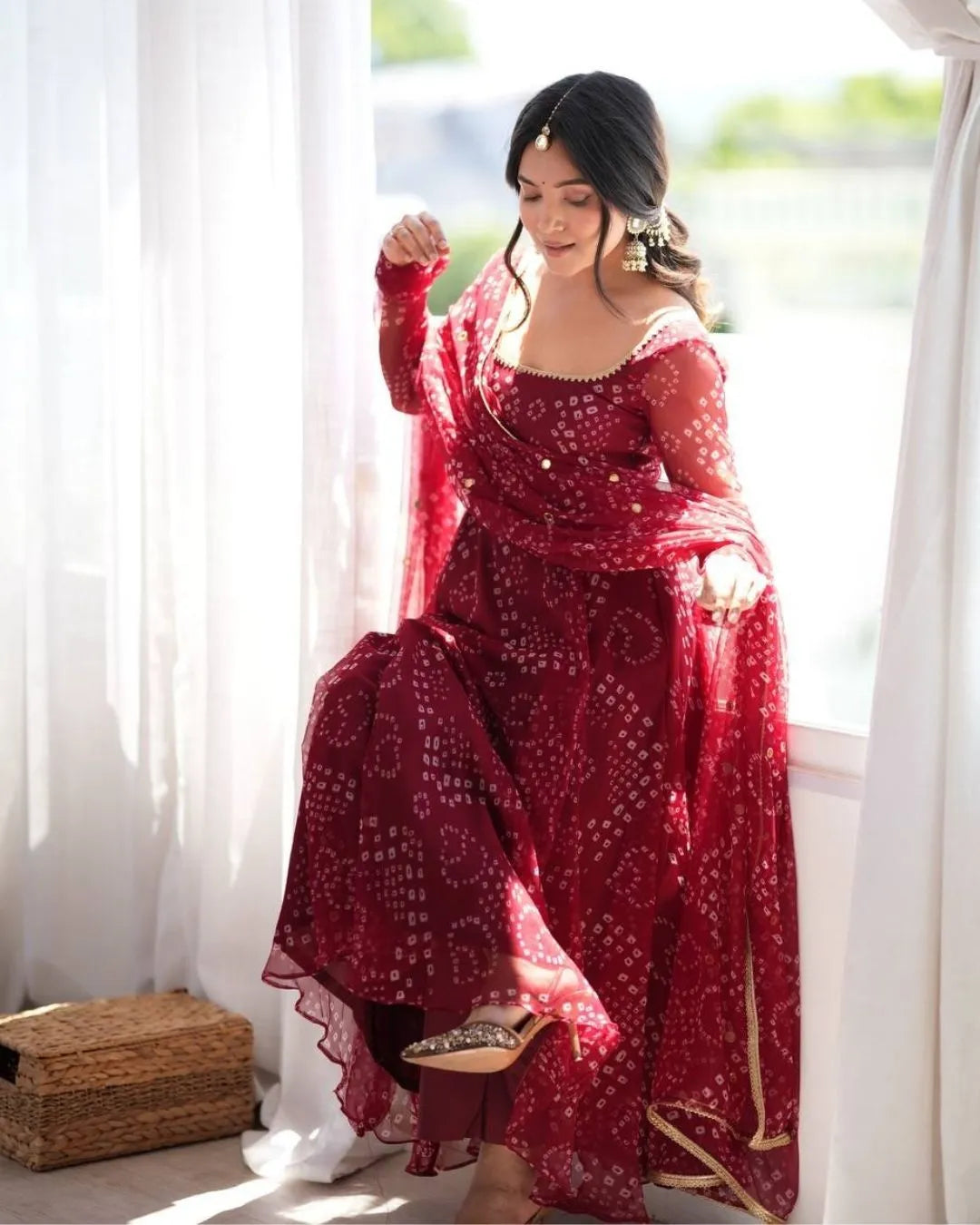 Deep Maroon Bandhani Anarkali Suit Set