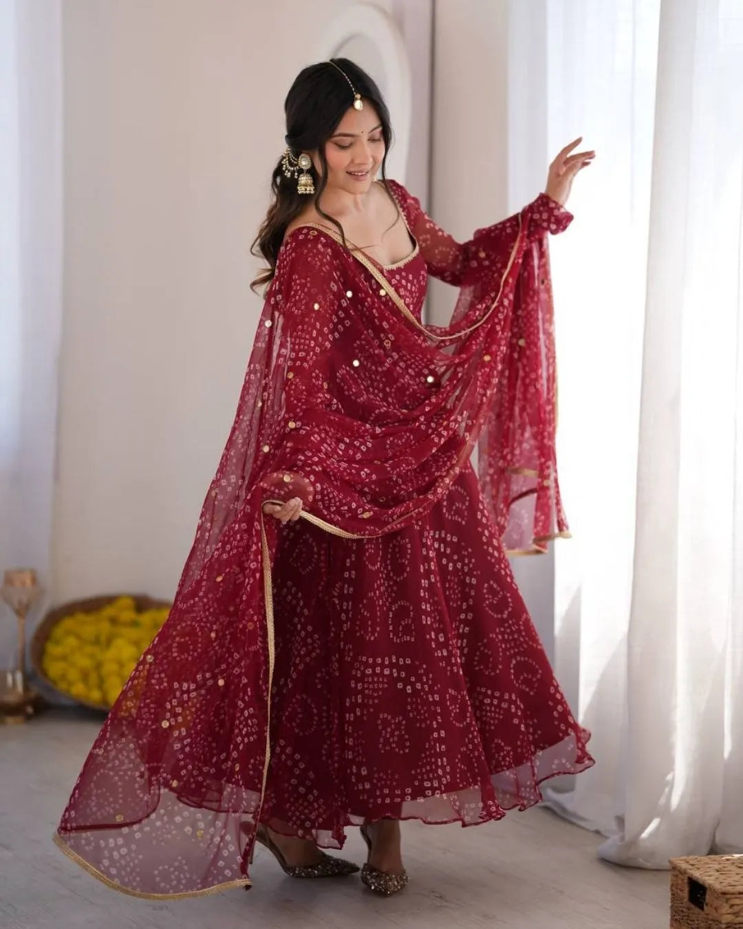 Deep Maroon Bandhani Anarkali Suit Set