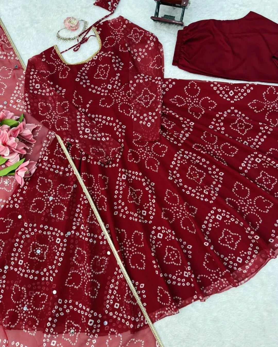 Deep Maroon Bandhani Anarkali Suit Set