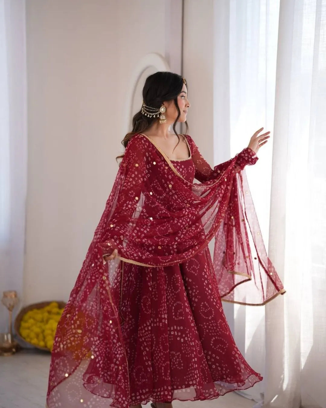 Deep Maroon Bandhani Anarkali Suit Set