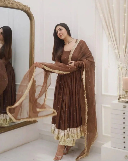brown georgette gown suit