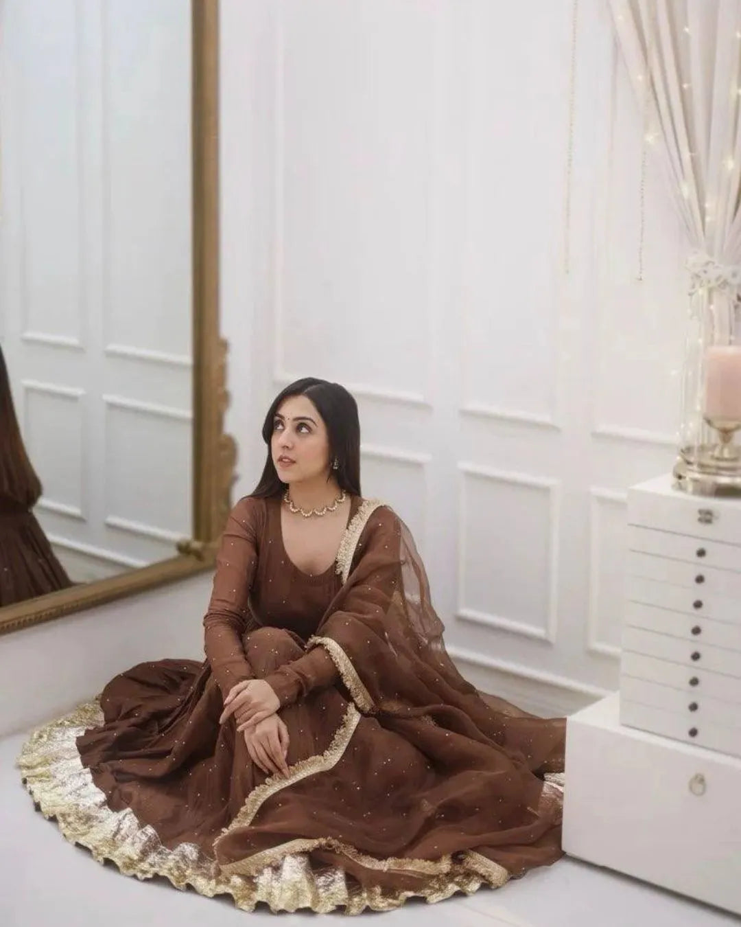brown georgette gown suit