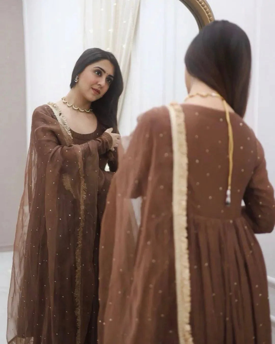 brown georgette gown suit Back