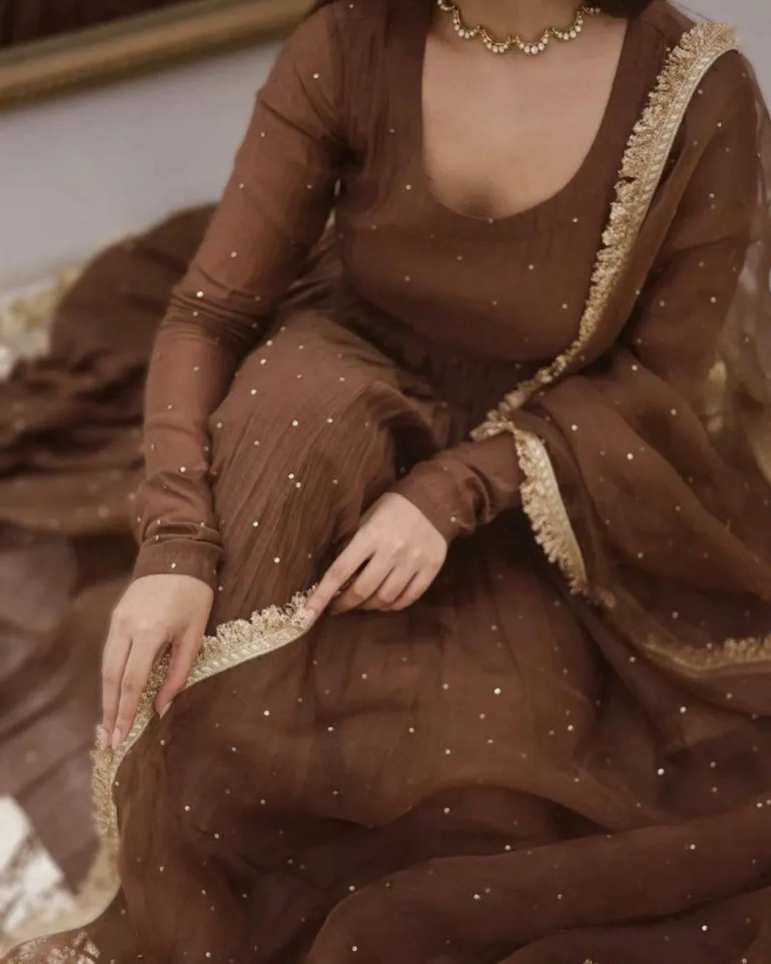 brown georgette gown suit