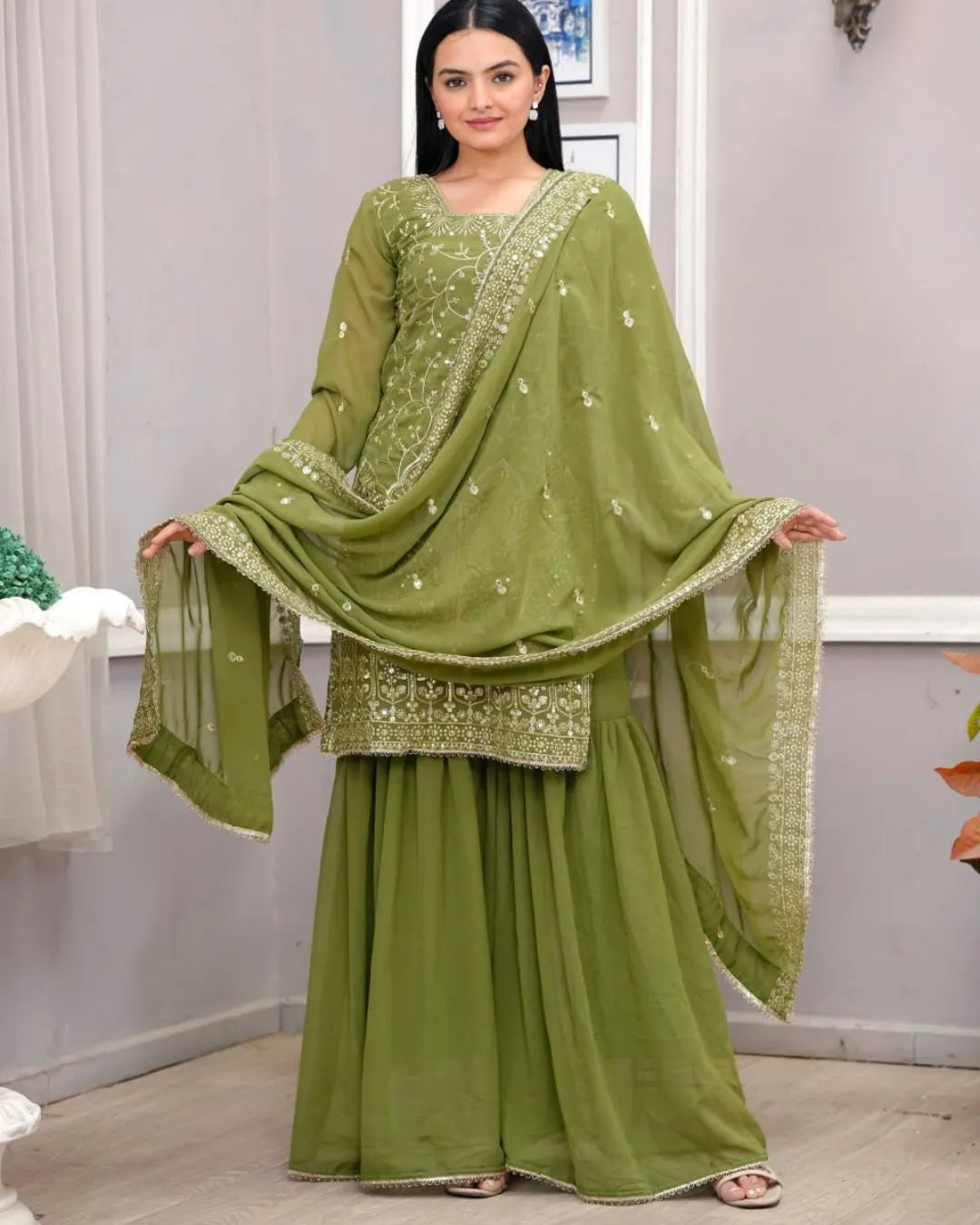 Designer Olive Green Georgette Sharara Suit Set