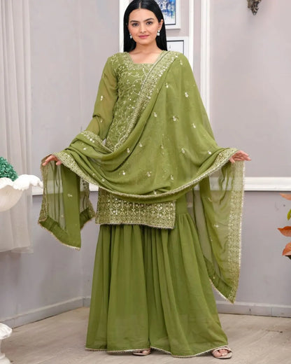Designer Olive Green Georgette Sharara Suit Set