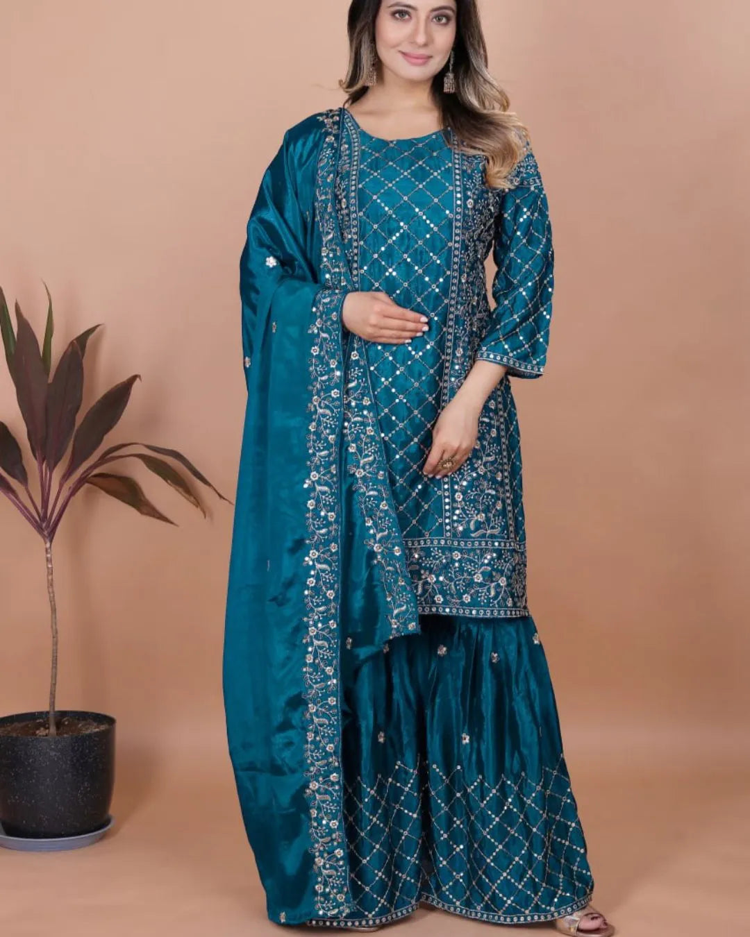 Designer Teal Heavy Party Wear Sharara Suit Set