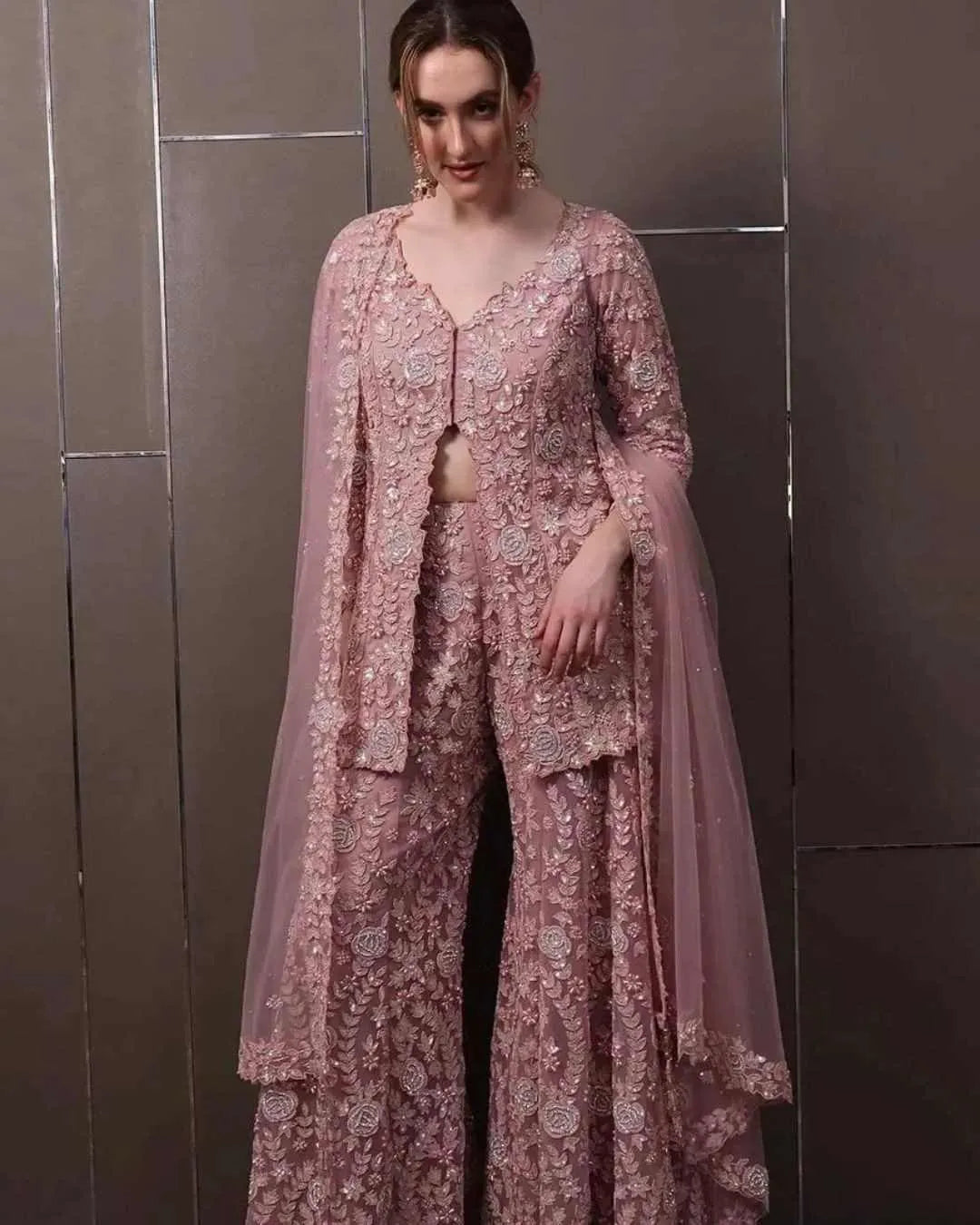 Dusty Pink Georgette Front-Slit Palazzo Set